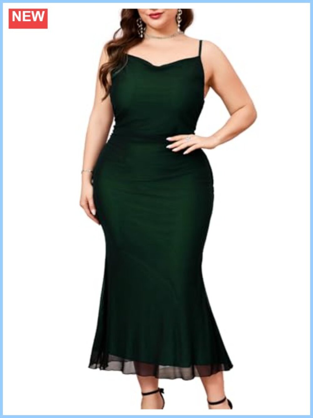 Plus Size Mesh Mermaid Dress Ruched Spaghetti Strap Fitted Sleeveless Cocktail